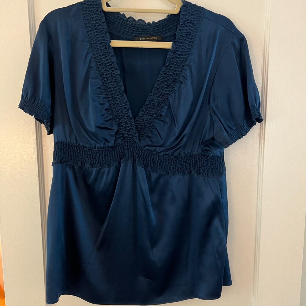 BCBG Max Azria Navy Silk Smocked Top - Size L